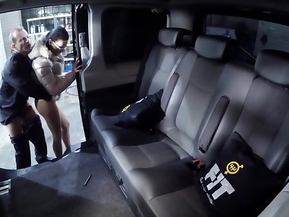 Nerdy brunette businesswoman fucked by driver in the backseat